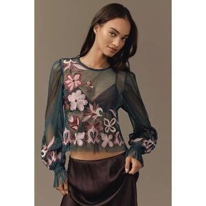 Anthropologie Long-Sleeve Embroidered Mesh Top XSP NEW